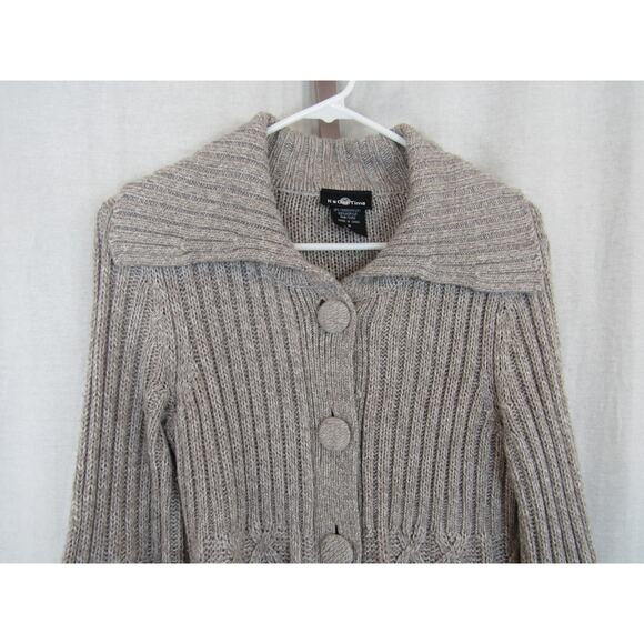 It's Our Time Medium Cable Knit Cardigan Collared Open Front Oatmeal Sweater - Picture 3 of 7